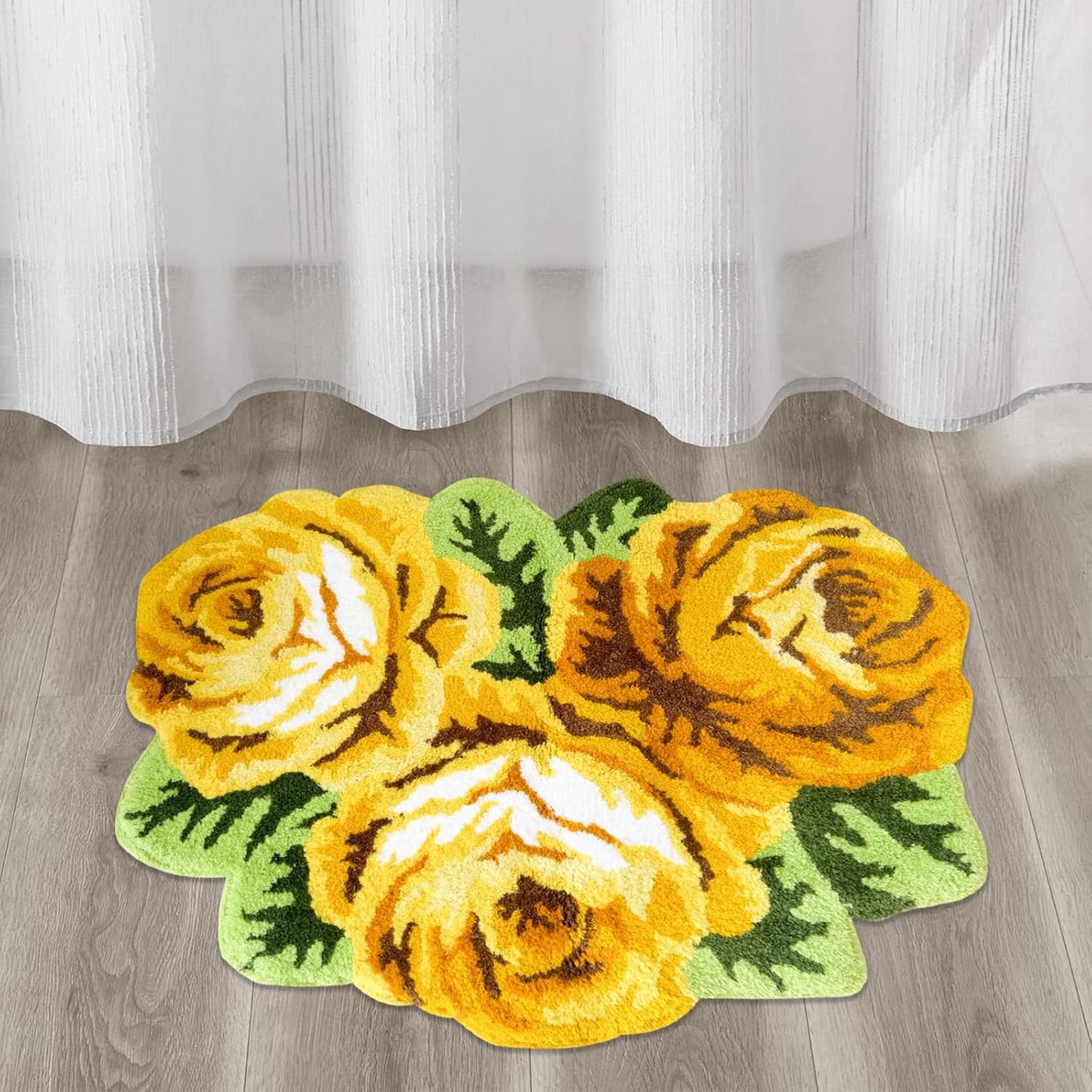 Romantic Yellow Rose Rug Floor Mat Handmade Bathmat Girls Bedroom Bathroom Area Rug Washable Non-Slip Floral Floor Carpets Doormat 2FTx3FT
