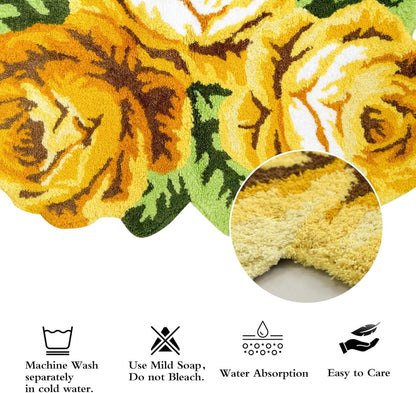 Romantic Yellow Rose Rug Floor Mat Handmade Bathmat Girls Bedroom Bathroom Area Rug Washable Non-Slip Floral Floor Carpets Doormat 2FTx3FT