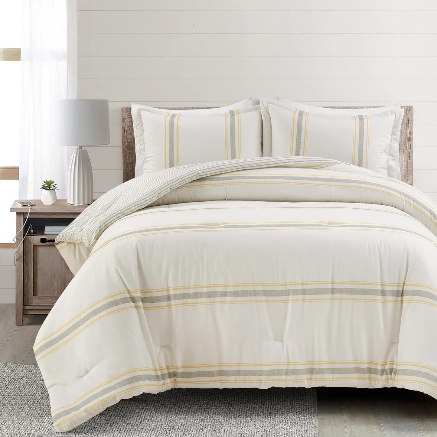Farmhouse Stripe Reversible Cotton Comforter Set, 3 Piece Set, King, Yellow & Gray - Cozy Farmhouse Bedding Set - Rustic Decor - Striped Comforter - Modern Farmhouse Bedroom Decor