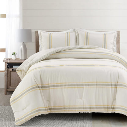 Farmhouse Stripe Reversible Cotton Comforter Set, 3 Piece Set, King, Yellow & Gray - Cozy Farmhouse Bedding Set - Rustic Decor - Striped Comforter - Modern Farmhouse Bedroom Decor