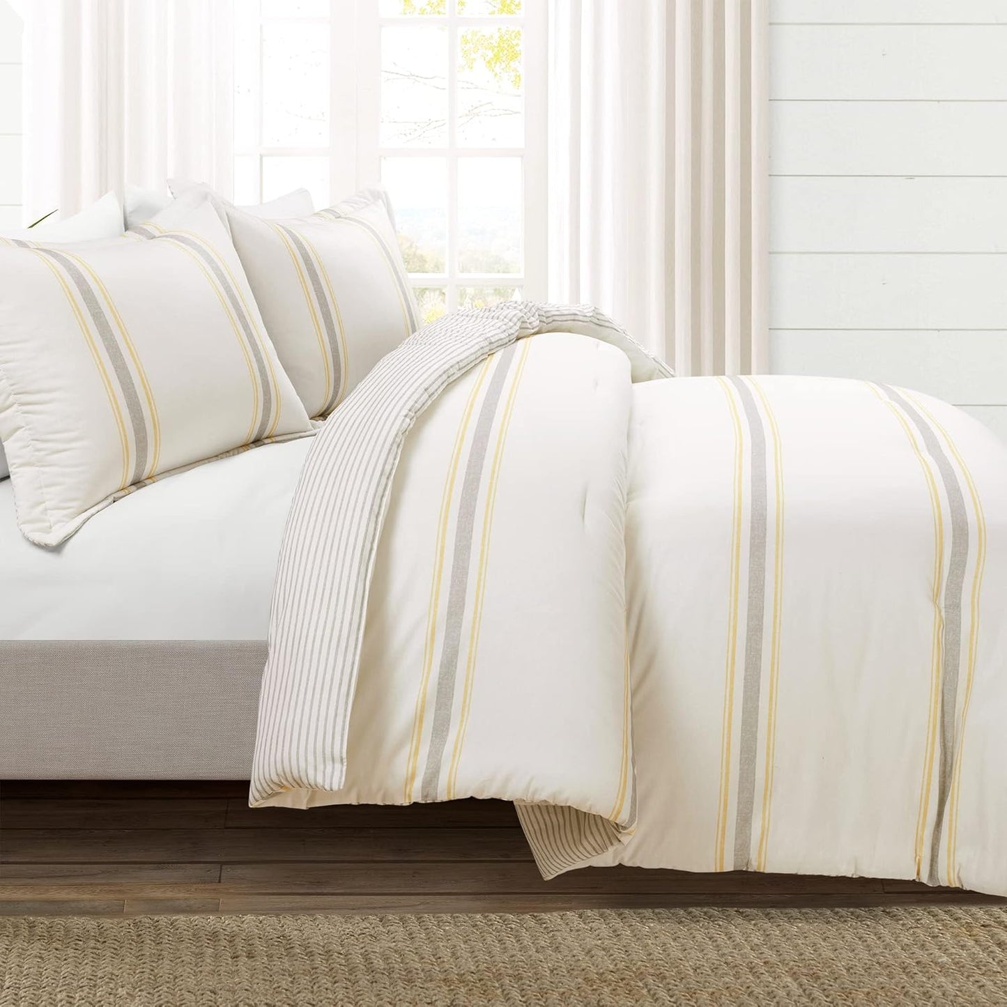 Farmhouse Stripe Reversible Cotton Comforter Set, 3 Piece Set, King, Yellow & Gray - Cozy Farmhouse Bedding Set - Rustic Decor - Striped Comforter - Modern Farmhouse Bedroom Decor