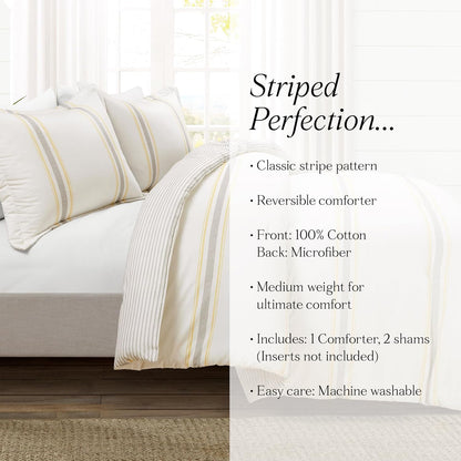 Farmhouse Stripe Reversible Cotton Comforter Set, 3 Piece Set, King, Yellow & Gray - Cozy Farmhouse Bedding Set - Rustic Decor - Striped Comforter - Modern Farmhouse Bedroom Decor