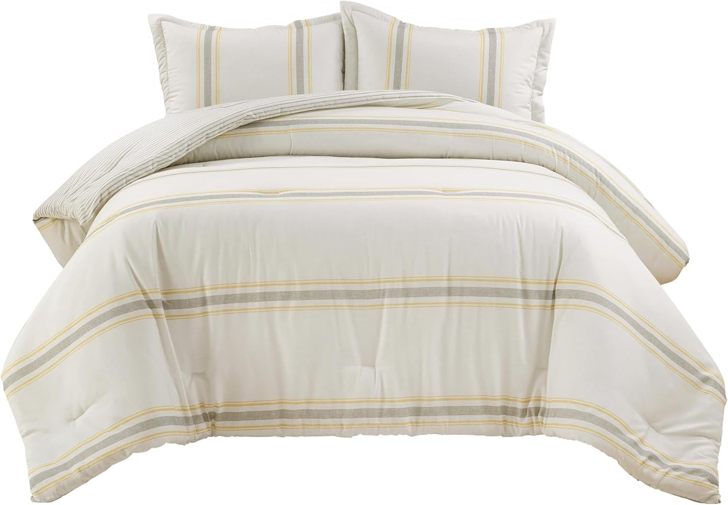 Farmhouse Stripe Reversible Cotton Comforter Set, 3 Piece Set, King, Yellow & Gray - Cozy Farmhouse Bedding Set - Rustic Decor - Striped Comforter - Modern Farmhouse Bedroom Decor