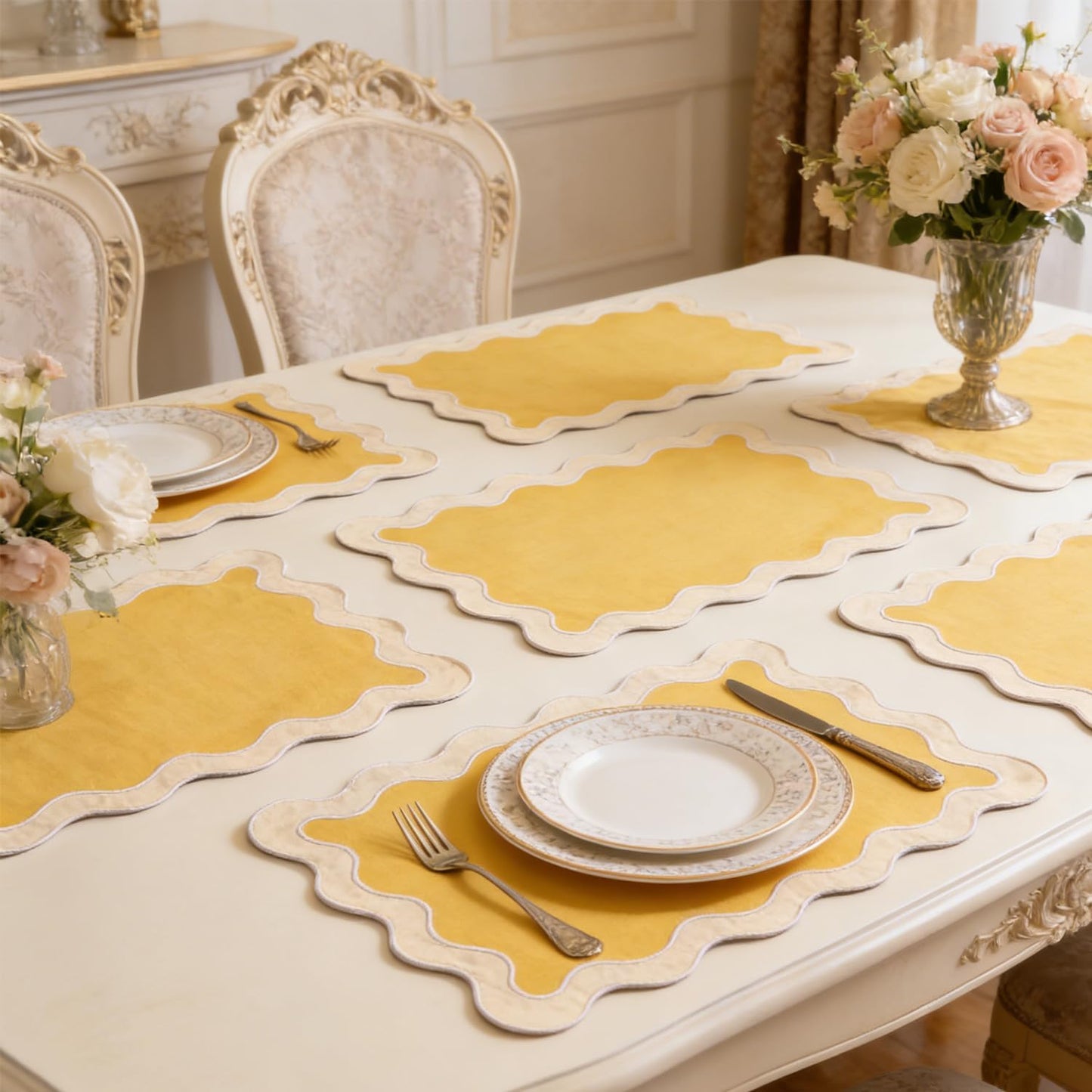 Placemats Set of 4, 13 x 19 Inch Cotton Table Placemats Washable Heat Resistant Woven Table Mats for Table Decor, Boho Scallop Embroidered Placemats (Yellow)
