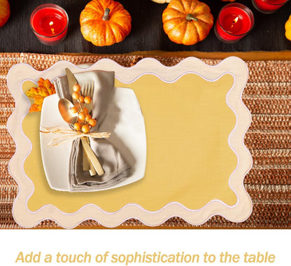 Placemats Set of 4, 13 x 19 Inch Cotton Table Placemats Washable Heat Resistant Woven Table Mats for Table Decor, Boho Scallop Embroidered Placemats (Yellow)