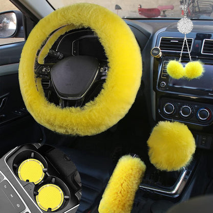 Fluffy Car Accessories Set, Fur Cute Fluffy Steering Wheel Cover Set for Women & Furry Handbrake & Gear Shift Covers & Car Rearview Mirror Pendant & 2 Pieces Bling Coasters (Yellow)