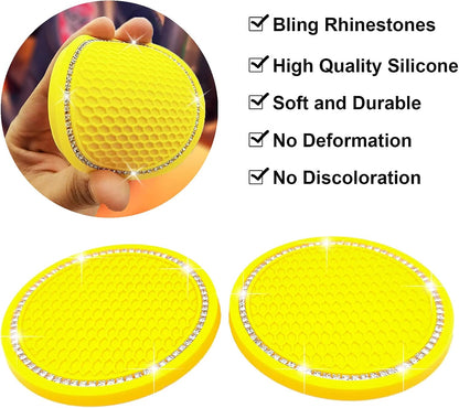 Fluffy Car Accessories Set, Fur Cute Fluffy Steering Wheel Cover Set for Women & Furry Handbrake & Gear Shift Covers & Car Rearview Mirror Pendant & 2 Pieces Bling Coasters (Yellow)
