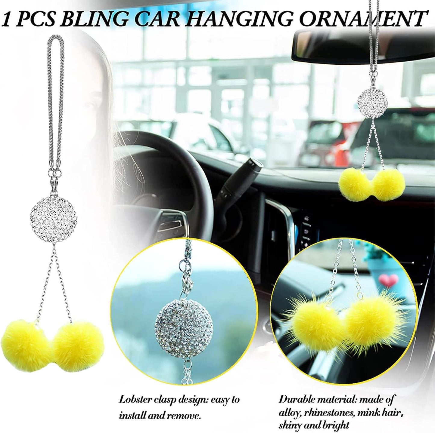Fluffy Car Accessories Set, Fur Cute Fluffy Steering Wheel Cover Set for Women & Furry Handbrake & Gear Shift Covers & Car Rearview Mirror Pendant & 2 Pieces Bling Coasters (Yellow)