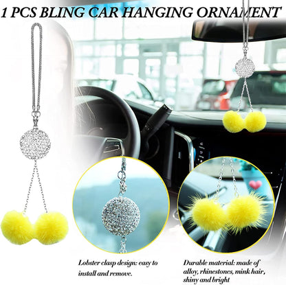 Fluffy Car Accessories Set, Fur Cute Fluffy Steering Wheel Cover Set for Women & Furry Handbrake & Gear Shift Covers & Car Rearview Mirror Pendant & 2 Pieces Bling Coasters (Yellow)