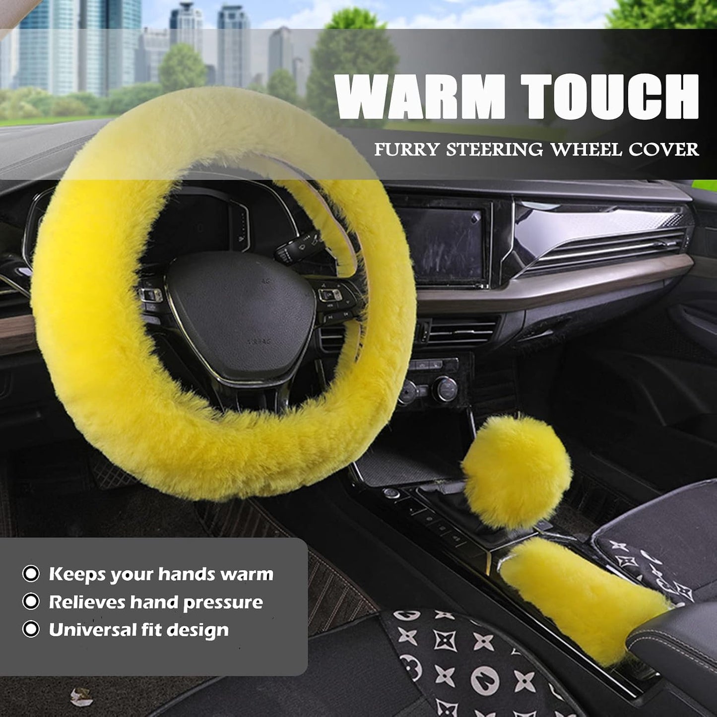 Fluffy Car Accessories Set, Fur Cute Fluffy Steering Wheel Cover Set for Women & Furry Handbrake & Gear Shift Covers & Car Rearview Mirror Pendant & 2 Pieces Bling Coasters (Yellow)