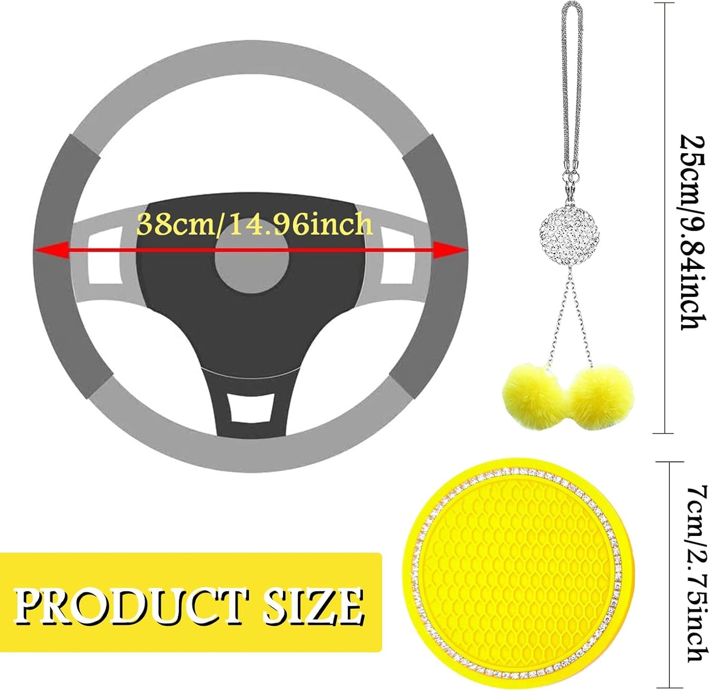 Fluffy Car Accessories Set, Fur Cute Fluffy Steering Wheel Cover Set for Women & Furry Handbrake & Gear Shift Covers & Car Rearview Mirror Pendant & 2 Pieces Bling Coasters (Yellow)