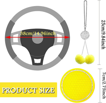 Fluffy Car Accessories Set, Fur Cute Fluffy Steering Wheel Cover Set for Women & Furry Handbrake & Gear Shift Covers & Car Rearview Mirror Pendant & 2 Pieces Bling Coasters (Yellow)