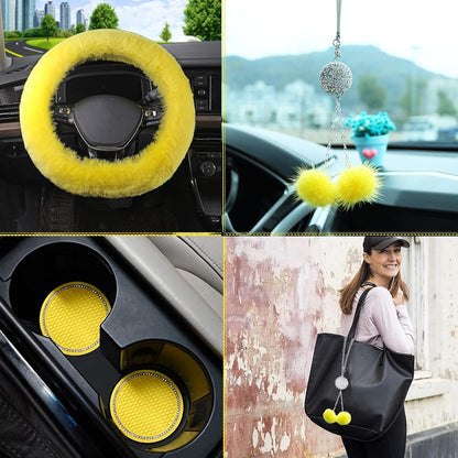 Fluffy Car Accessories Set, Fur Cute Fluffy Steering Wheel Cover Set for Women & Furry Handbrake & Gear Shift Covers & Car Rearview Mirror Pendant & 2 Pieces Bling Coasters (Yellow)