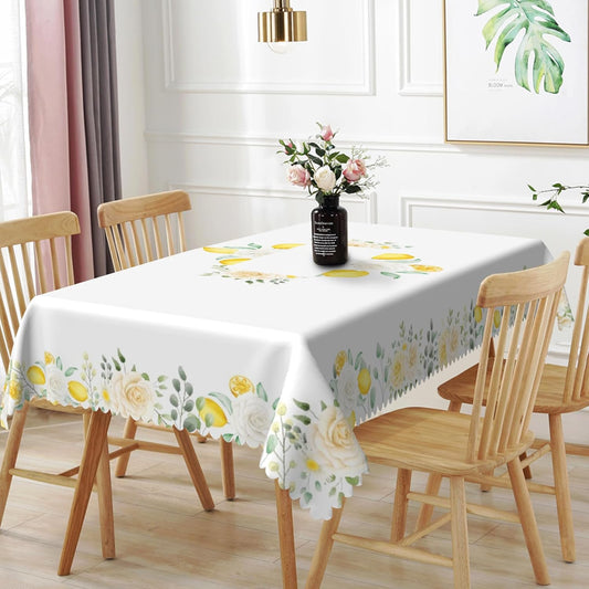 54x78inches Summer Lemon Tablecloth Fresh Lemon Floral Green Leaves Farmhouse Table Cover Stain Resistant Rectangle Table Cloth for Dining Room Kitchen Indoor Outdoor Banquet Party Decor