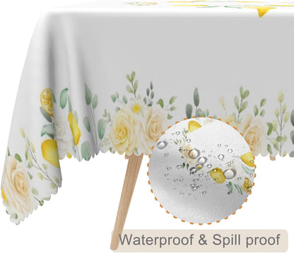54x78inches Summer Lemon Tablecloth Fresh Lemon Floral Green Leaves Farmhouse Table Cover Stain Resistant Rectangle Table Cloth for Dining Room Kitchen Indoor Outdoor Banquet Party Decor