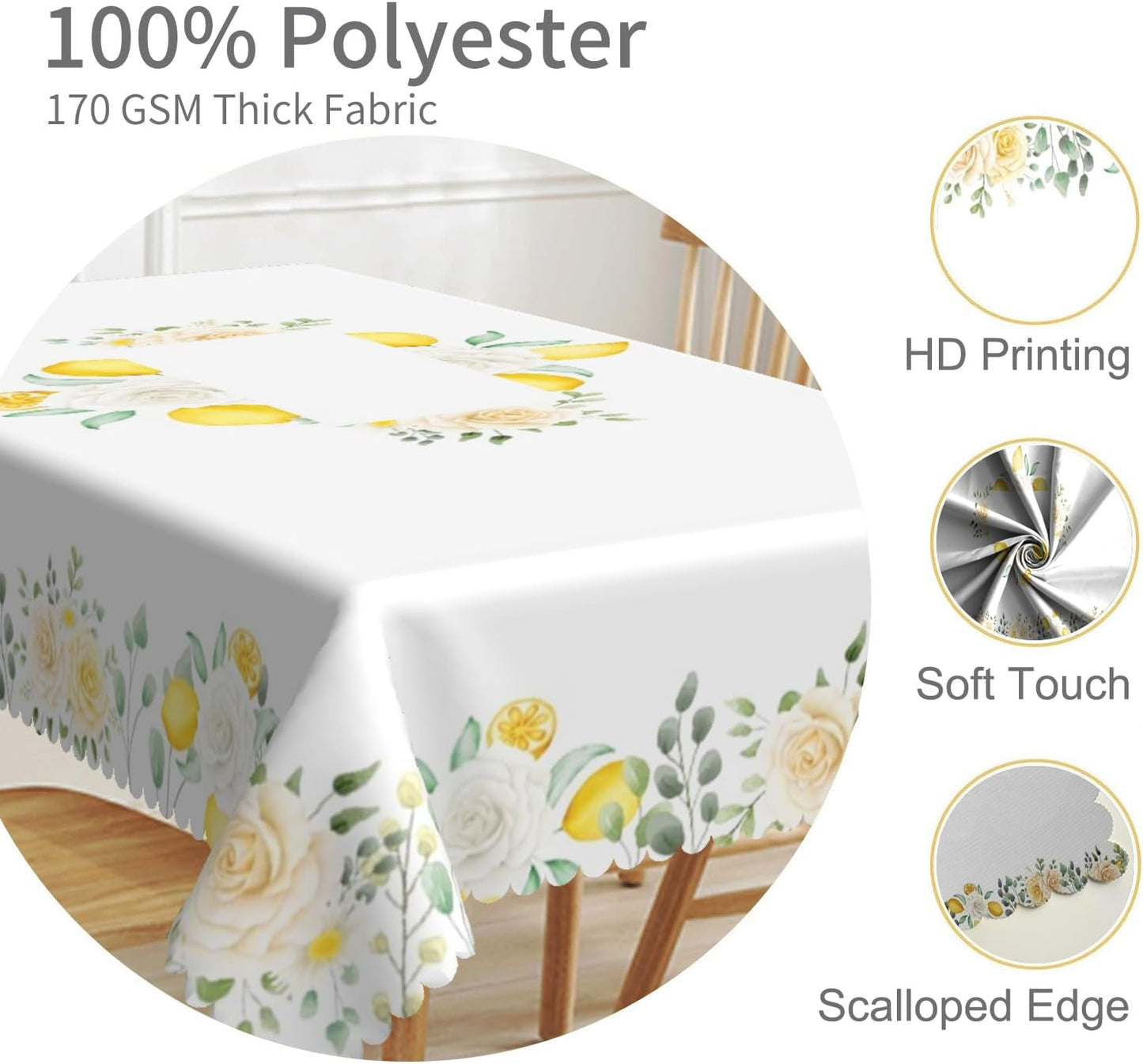 54x78inches Summer Lemon Tablecloth Fresh Lemon Floral Green Leaves Farmhouse Table Cover Stain Resistant Rectangle Table Cloth for Dining Room Kitchen Indoor Outdoor Banquet Party Decor