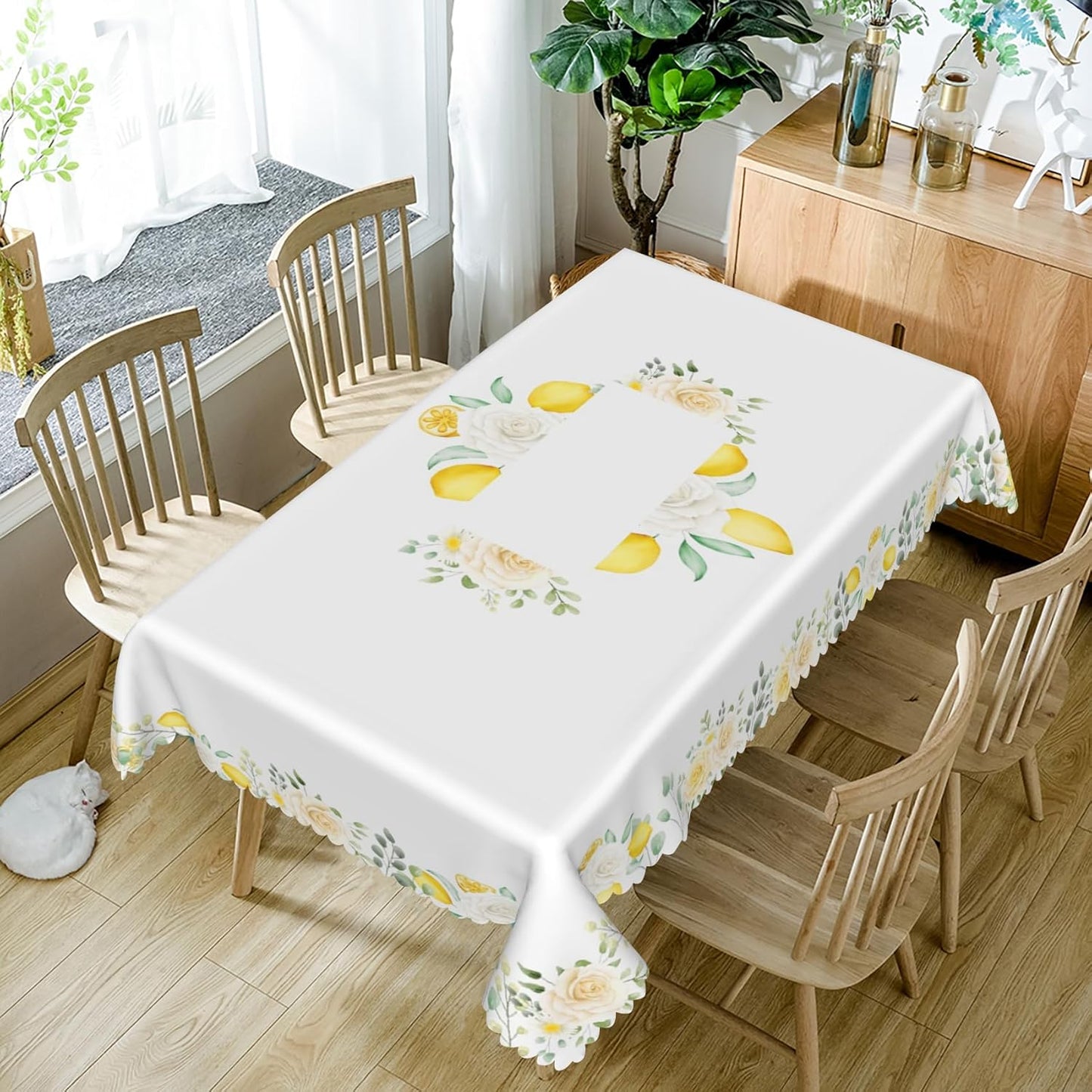 54x78inches Summer Lemon Tablecloth Fresh Lemon Floral Green Leaves Farmhouse Table Cover Stain Resistant Rectangle Table Cloth for Dining Room Kitchen Indoor Outdoor Banquet Party Decor