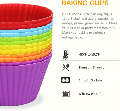 Extra Large Silicone Cupcake Muffin Cups 12 Pack, 3.54 Inch | Non-stick, Reusable, Jumbo, Multicolor, Easy to Clean, for Cupcake, Muffin, Mousse