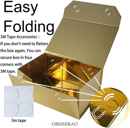 Upgrade 1PCS Gold Gift Box 9.5x7x4 Inches, Sturdy Gift Box with Lid for Gift Packaging, Foldable Magnetic Closure Storage Boxes, Bridesmaid proposal box, Rectangle Collapsible Box