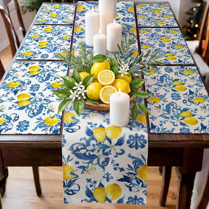 7 Pcs Capri Lemon Table Runner and Placemats Set Blue Lemon Table Runner Placemats for Mediterranean Italian Style Summer Kitchen Dining Room Decor Amalfi Coast Wedding Party Decoration