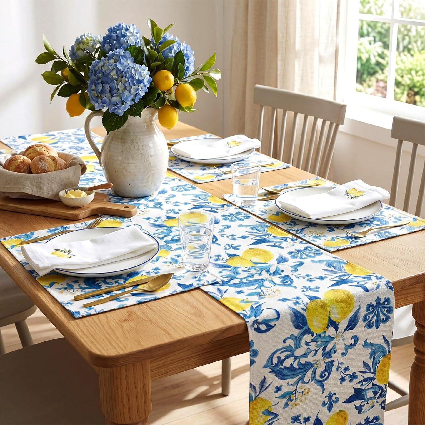 7 Pcs Capri Lemon Table Runner and Placemats Set Blue Lemon Table Runner Placemats for Mediterranean Italian Style Summer Kitchen Dining Room Decor Amalfi Coast Wedding Party Decoration