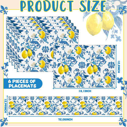 7 Pcs Capri Lemon Table Runner and Placemats Set Blue Lemon Table Runner Placemats for Mediterranean Italian Style Summer Kitchen Dining Room Decor Amalfi Coast Wedding Party Decoration