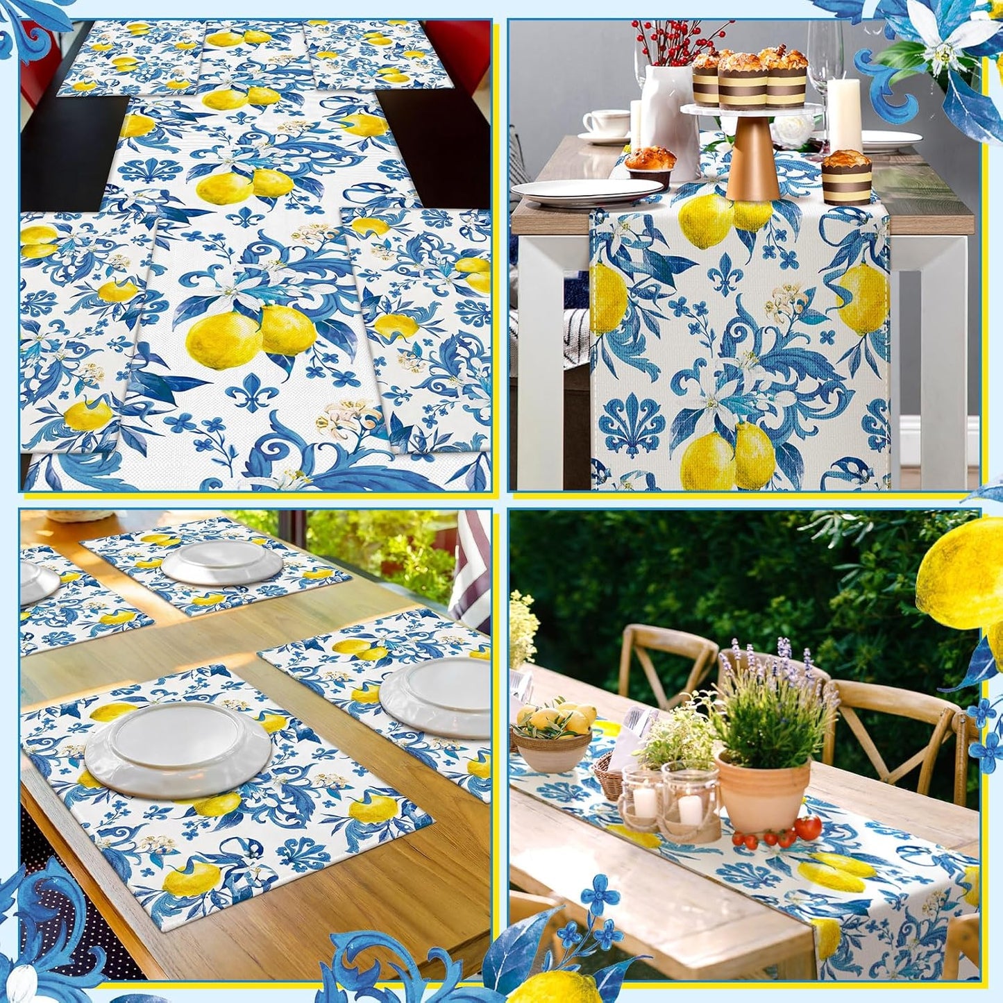 7 Pcs Capri Lemon Table Runner and Placemats Set Blue Lemon Table Runner Placemats for Mediterranean Italian Style Summer Kitchen Dining Room Decor Amalfi Coast Wedding Party Decoration