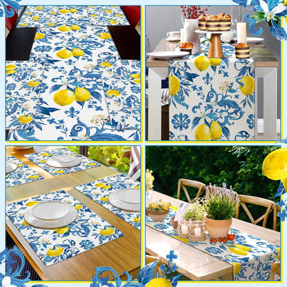 7 Pcs Capri Lemon Table Runner and Placemats Set Blue Lemon Table Runner Placemats for Mediterranean Italian Style Summer Kitchen Dining Room Decor Amalfi Coast Wedding Party Decoration