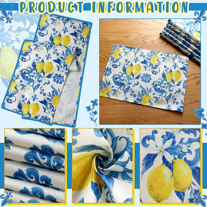 7 Pcs Capri Lemon Table Runner and Placemats Set Blue Lemon Table Runner Placemats for Mediterranean Italian Style Summer Kitchen Dining Room Decor Amalfi Coast Wedding Party Decoration