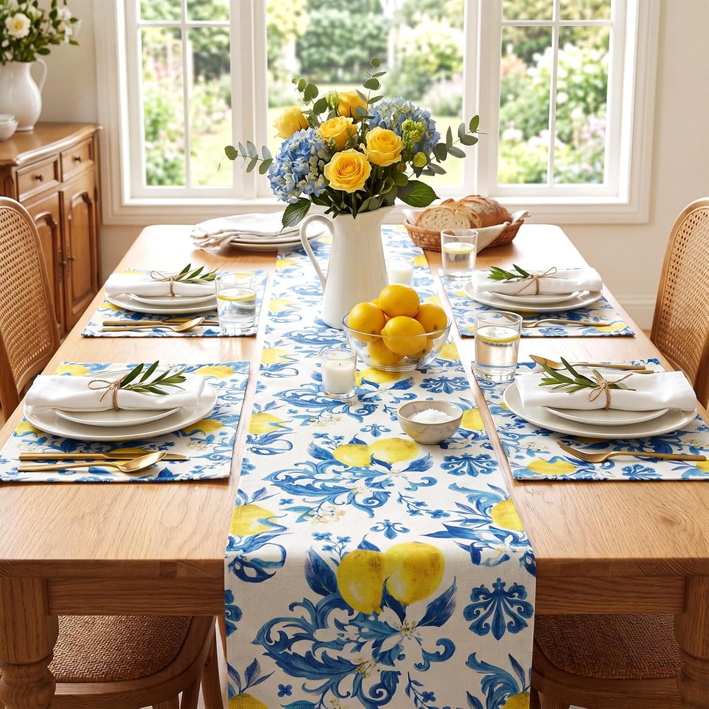 7 Pcs Capri Lemon Table Runner and Placemats Set Blue Lemon Table Runner Placemats for Mediterranean Italian Style Summer Kitchen Dining Room Decor Amalfi Coast Wedding Party Decoration