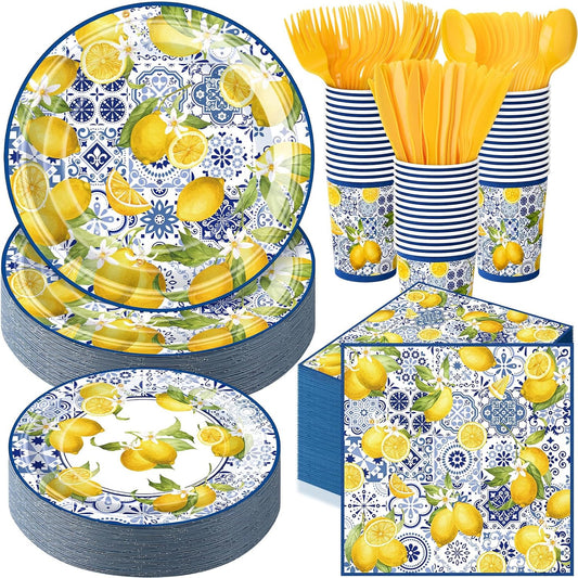 350 Pcs Lemon Party Supplies Serves 50 Disposable Paper Lemon Plates Napkins Cups Plastic Cutlery Set Mediterranean Citrus Dinnerware for Summer Birthday Bridal Shower Tea Party Decoration