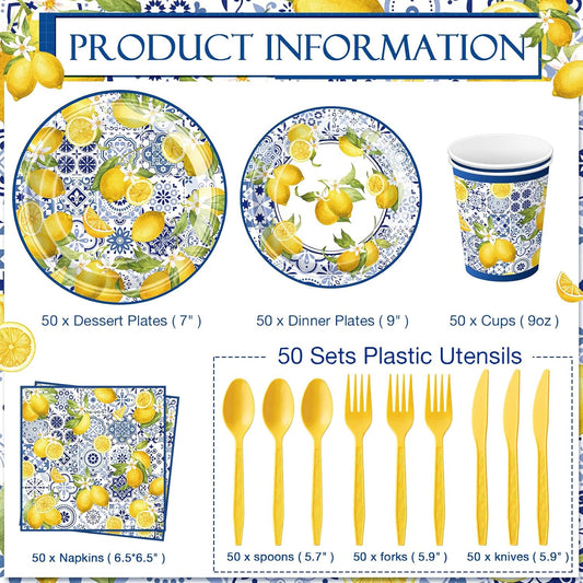 350 Pcs Lemon Party Supplies Serves 50 Disposable Paper Lemon Plates Napkins Cups Plastic Cutlery Set Mediterranean Citrus Dinnerware for Summer Birthday Bridal Shower Tea Party Decoration