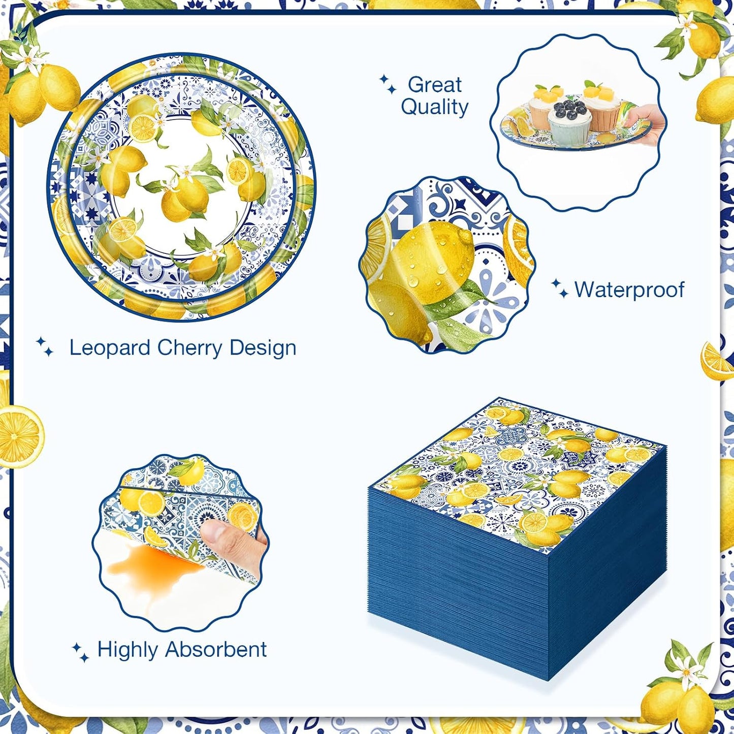 350 Pcs Lemon Party Supplies Serves 50 Disposable Paper Lemon Plates Napkins Cups Plastic Cutlery Set Mediterranean Citrus Dinnerware for Summer Birthday Bridal Shower Tea Party Decoration
