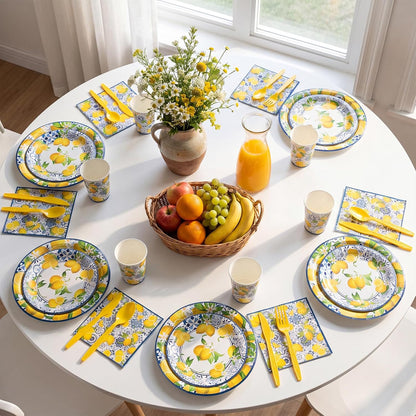 350 Pcs Lemon Party Supplies Serves 50 Disposable Paper Lemon Plates Napkins Cups Plastic Cutlery Set Mediterranean Citrus Dinnerware for Summer Birthday Bridal Shower Tea Party Decoration