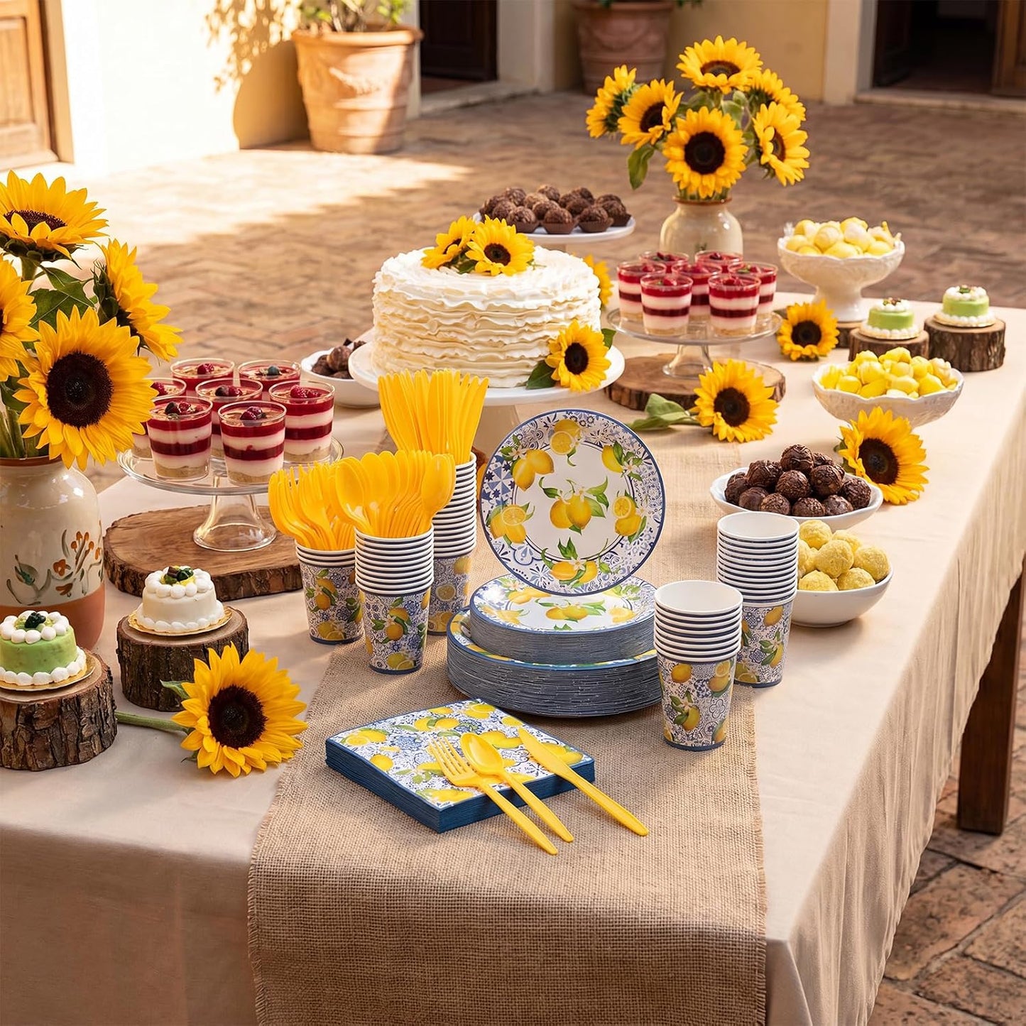 350 Pcs Lemon Party Supplies Serves 50 Disposable Paper Lemon Plates Napkins Cups Plastic Cutlery Set Mediterranean Citrus Dinnerware for Summer Birthday Bridal Shower Tea Party Decoration
