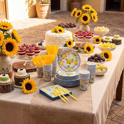 350 Pcs Lemon Party Supplies Serves 50 Disposable Paper Lemon Plates Napkins Cups Plastic Cutlery Set Mediterranean Citrus Dinnerware for Summer Birthday Bridal Shower Tea Party Decoration