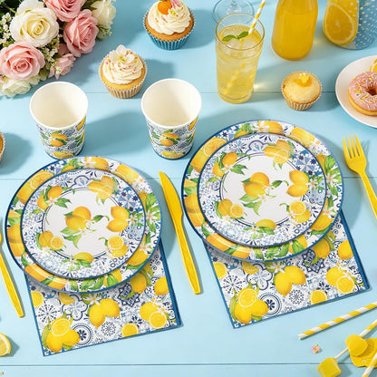 350 Pcs Lemon Party Supplies Serves 50 Disposable Paper Lemon Plates Napkins Cups Plastic Cutlery Set Mediterranean Citrus Dinnerware for Summer Birthday Bridal Shower Tea Party Decoration