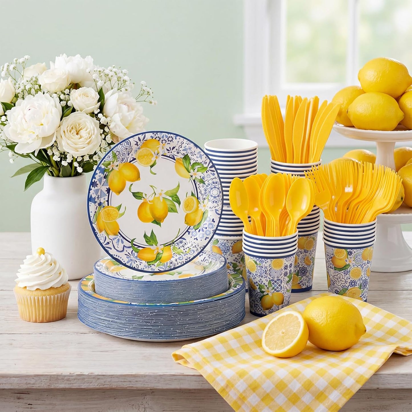 350 Pcs Lemon Party Supplies Serves 50 Disposable Paper Lemon Plates Napkins Cups Plastic Cutlery Set Mediterranean Citrus Dinnerware for Summer Birthday Bridal Shower Tea Party Decoration