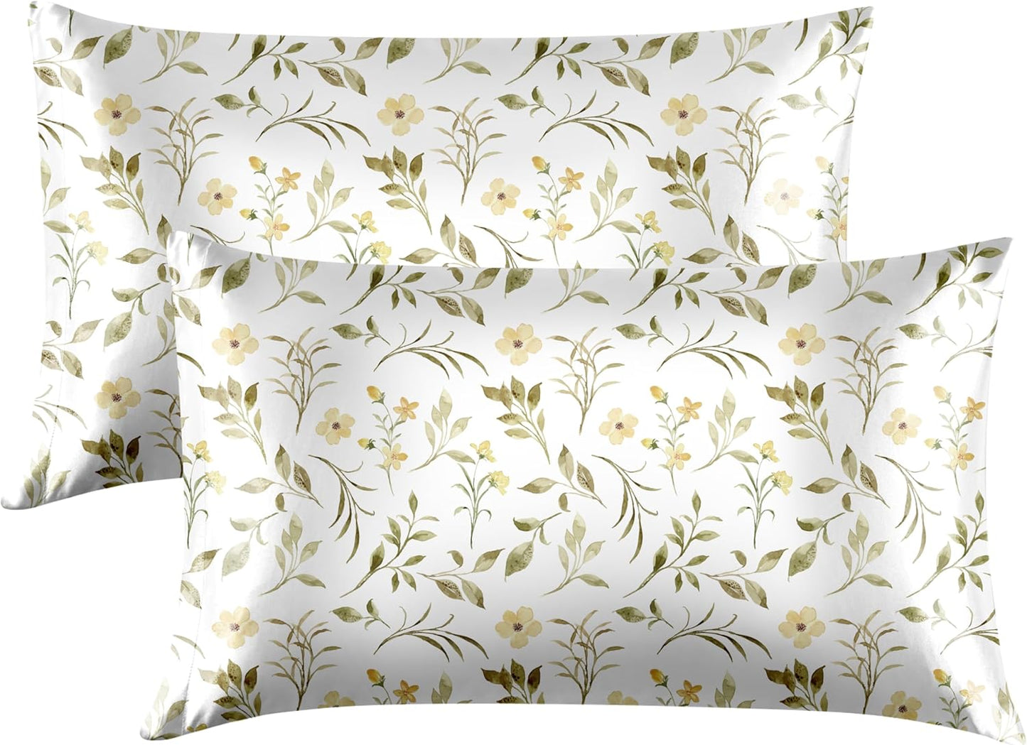 EXQ Home Satin Pillowcase for Hair and Skin Queen - Printed Yellow Sprig Silk Pillow Cases 2 Pack 20x30 inches - Satin Pillow Cases Set of 2 with Envelope Closure, Gifts for Women Men