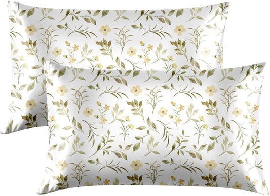 EXQ Home Satin Pillowcase for Hair and Skin Queen - Printed Yellow Sprig Silk Pillow Cases 2 Pack 20x30 inches - Satin Pillow Cases Set of 2 with Envelope Closure, Gifts for Women Men