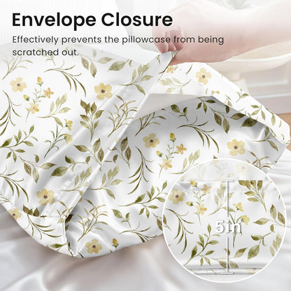 EXQ Home Satin Pillowcase for Hair and Skin Queen - Printed Yellow Sprig Silk Pillow Cases 2 Pack 20x30 inches - Satin Pillow Cases Set of 2 with Envelope Closure, Gifts for Women Men