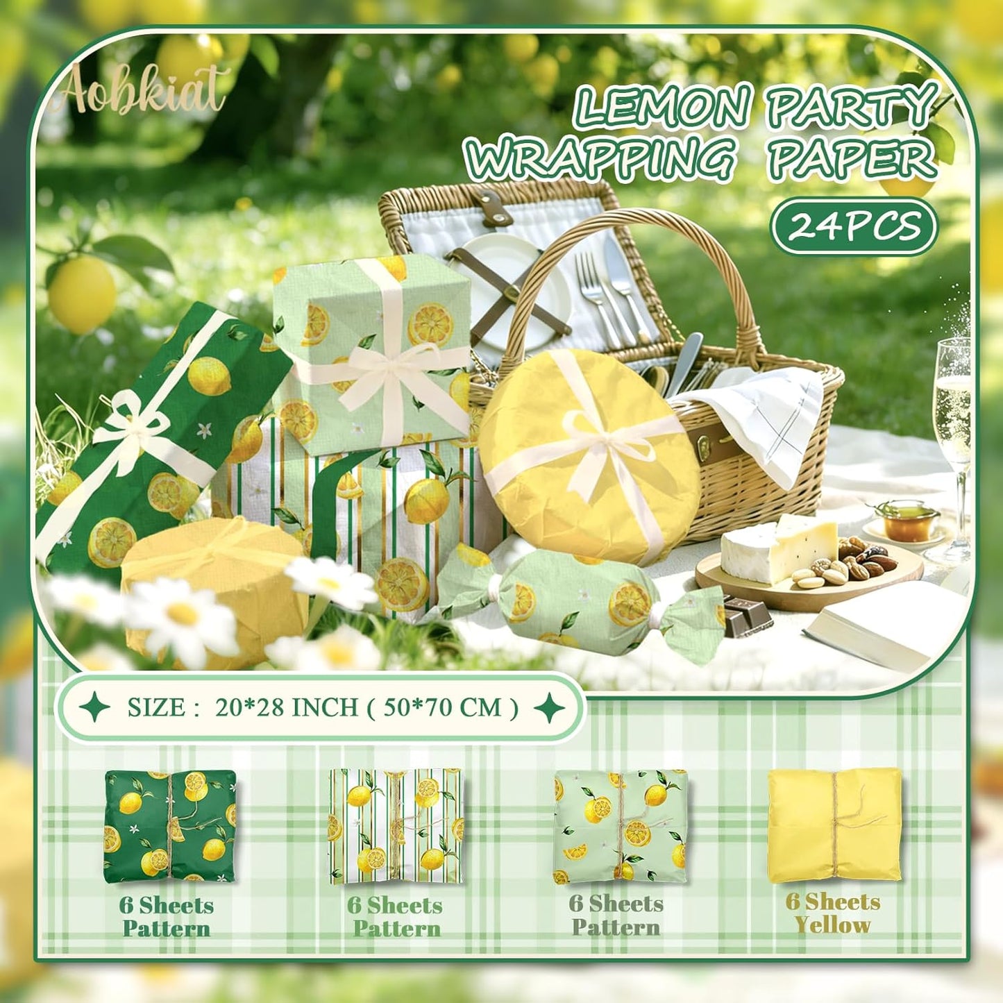 24 Sheet Lemon Tissue Paper for Gift Bag,Yellow Green Lemon Pattern | Wrapping Tissue for Spring Summer Birthday Baby Shower Party Favors,Present Packaging,20 x 15 Inch/Sheet