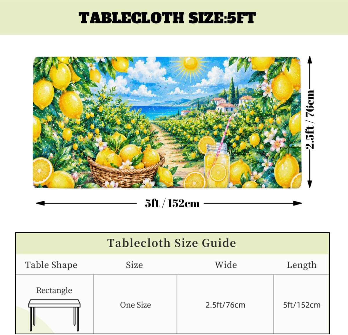 Lemon Pattern Rectangle Table Cloth with Elastic, Fitted Picnic Outdoor Folding Tablecloth for 5 Foot Tables, Waterproof Oil-Proof Indoor Table Cover for Kitchen Dining 30"x60",A-05