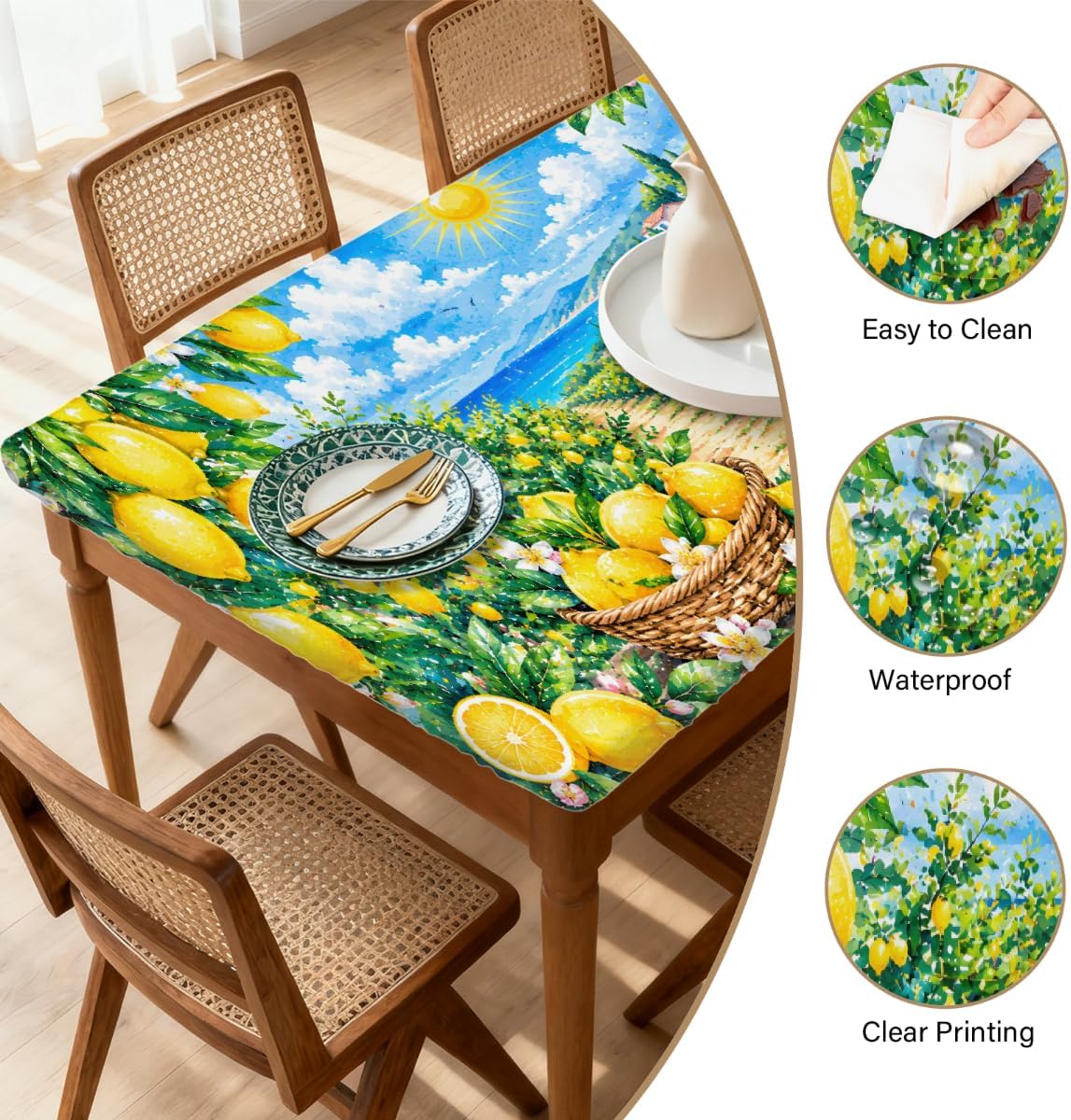 Lemon Pattern Rectangle Table Cloth with Elastic, Fitted Picnic Outdoor Folding Tablecloth for 5 Foot Tables, Waterproof Oil-Proof Indoor Table Cover for Kitchen Dining 30"x60",A-05