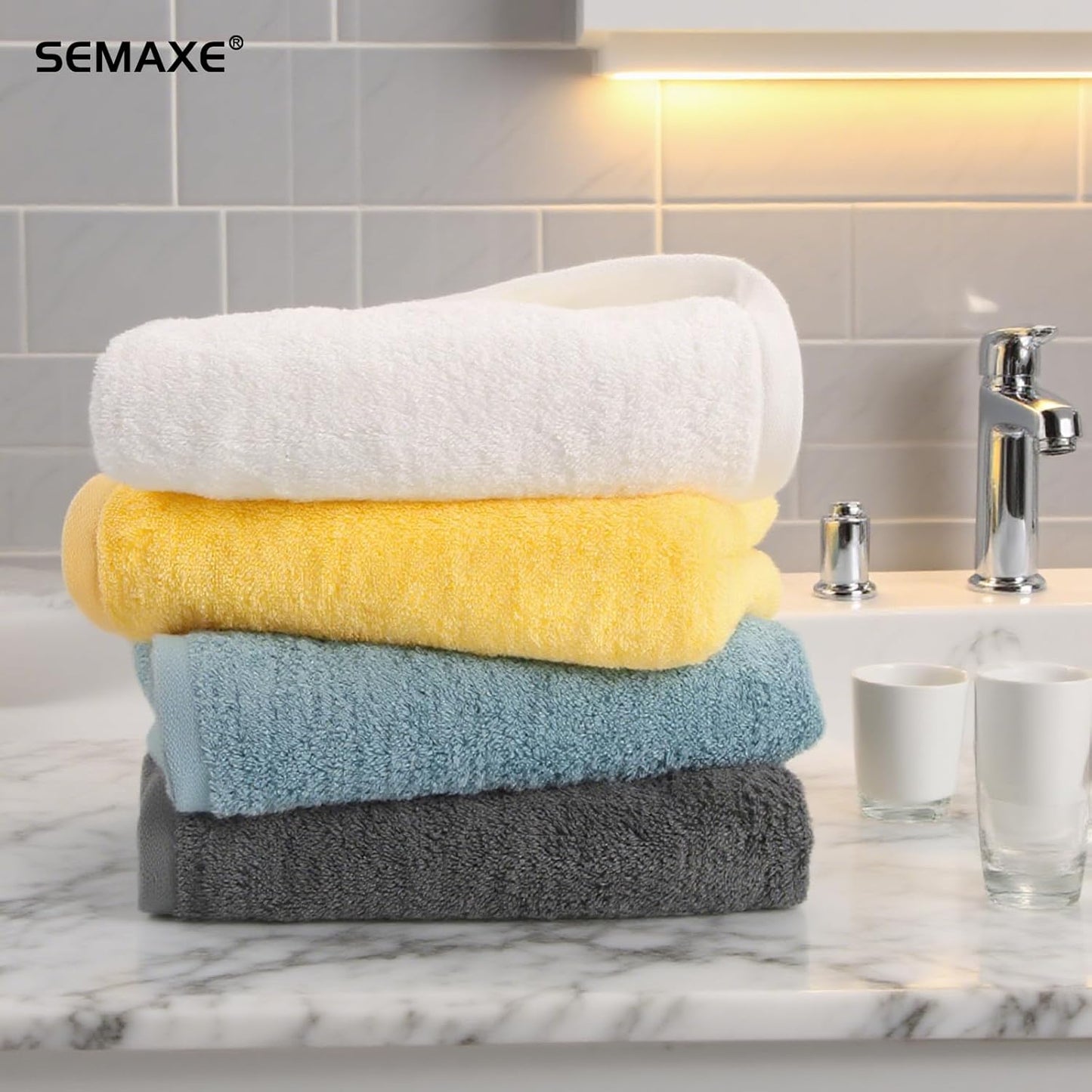4-Pack Yellow Cotton Hand Towels for Bathroom with Hanging Loops | Sink-side towels for drying hands and face, ideal for bathrooms, guest baths, powder rooms, OEKO-TEX certified, easy care