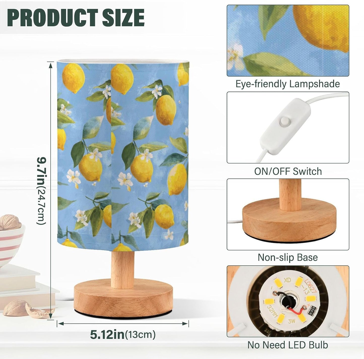 Bedside Table Lamp Lemon Yellow Citrus Fruits (61) Kids Nightstand Lamp Night Light Fabric Shade for Bedroom Living Room Home Office