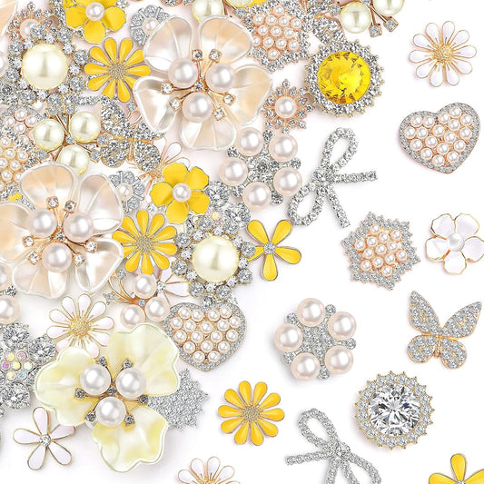48 Pcs Rhinestone Buttons for Crafts Faux Pearl Embellishments Button Butterfly Flower Vintage Brooch for Wedding Decorations Jewelry Making DIY Clothes Bag Shoes Supplies (Yellow White)