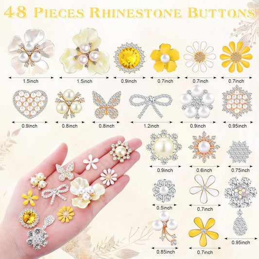 48 Pcs Rhinestone Buttons for Crafts Faux Pearl Embellishments Button Butterfly Flower Vintage Brooch for Wedding Decorations Jewelry Making DIY Clothes Bag Shoes Supplies (Yellow White)