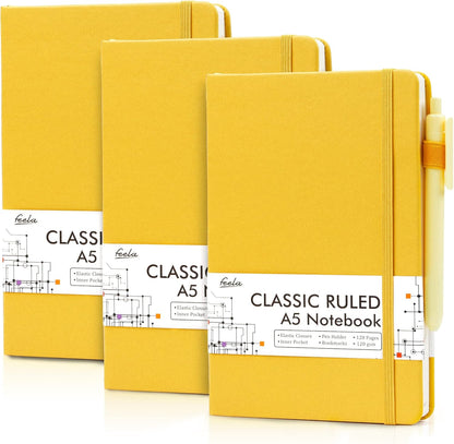 3 Pack Notebooks Journals Bulk with 3 Black Pens, A5 Hardcover Notebook Classic Ruled Lined Journal Set with Pen Holder for Work Business Journaling Note Taking, 120 GSM, 5.1”x8.3”, Yellow