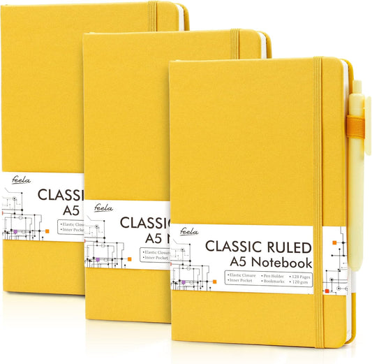3 Pack Notebooks Journals Bulk with 3 Black Pens, A5 Hardcover Notebook Classic Ruled Lined Journal Set with Pen Holder for Work Business Journaling Note Taking, 120 GSM, 5.1”x8.3”, Yellow